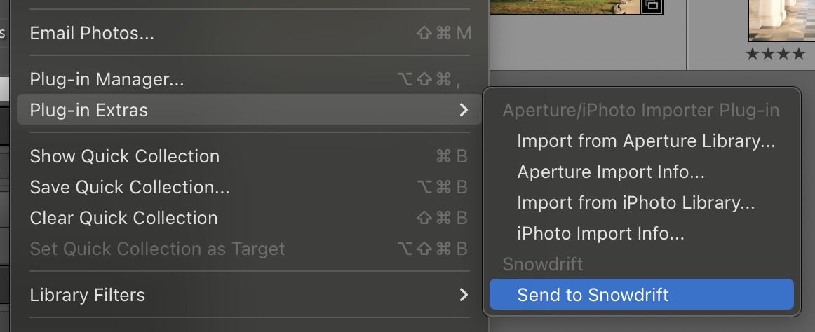 Adobe Lightroom Classic File menu showing Plug-in Extras, then the highlighted Send to Snowdrift command under the Snowdrift group