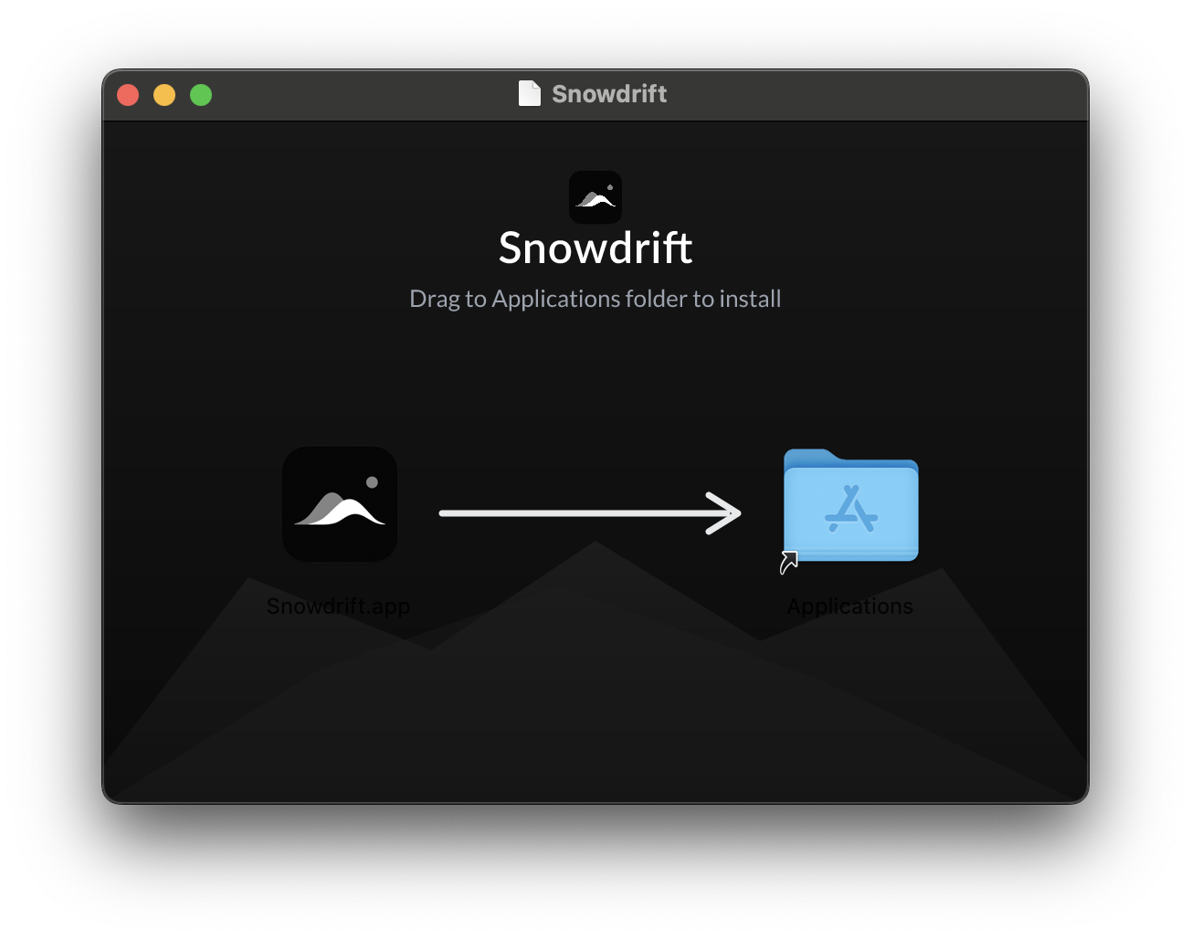 Snowdrift macOS disk image window showing the Snowdrift app icon and an arrow pointing to the Applications folder, with the instruction to drag to Applications folder to install