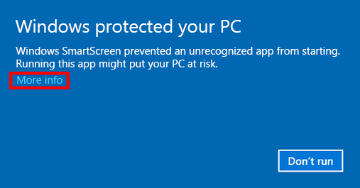 Windows SmartScreen dialog reading Windows protected your PC, with the More info link highlighted